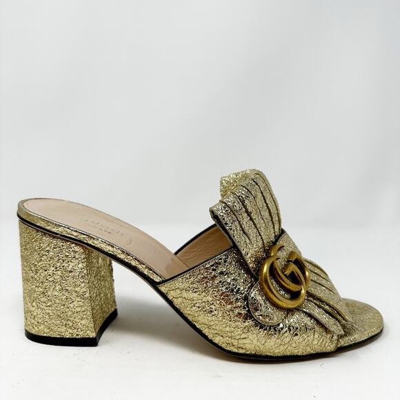 Gucci Marmont GG Mules Gold Leather Sandals - Picture 5 of 11